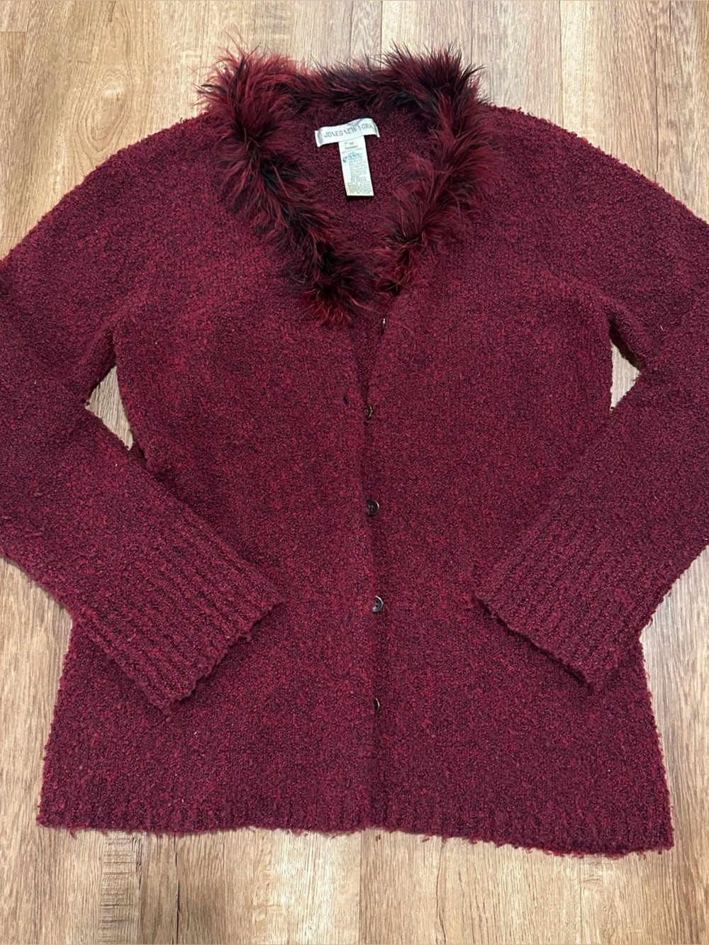 Faux-Fur Trim Burgundy Women’s Cardigan Sweater wool sweater